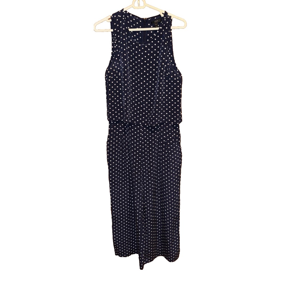 J.Crew Tall Sleeveless silk Jumpsuit womens Size 6T Navy white polka dots zip